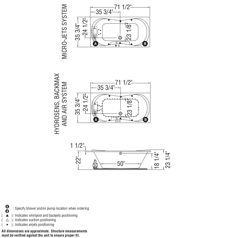 Cambridge 72 x 36 Acrylic Drop-in Center Drain Bathtub in White