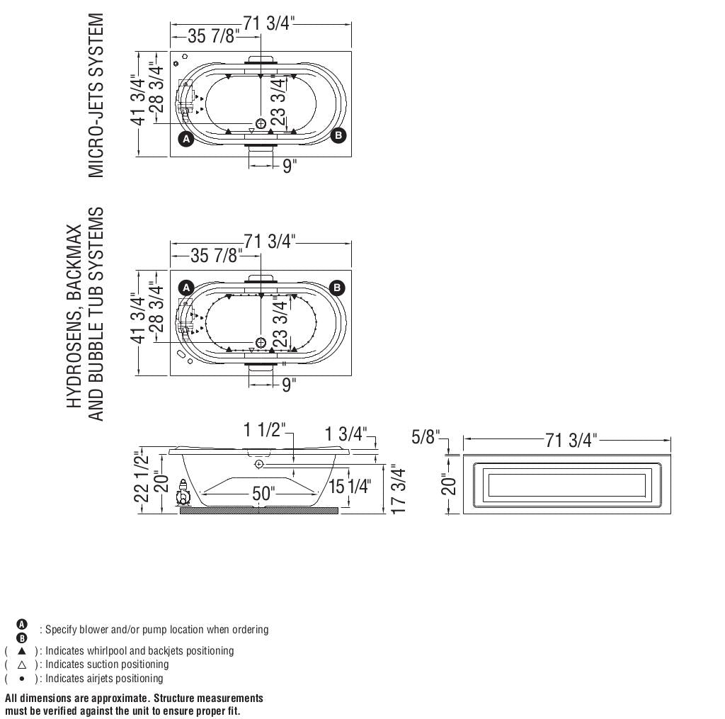Antigua 72 x 42 Acrylic Drop-in Center Drain Bathtub in White