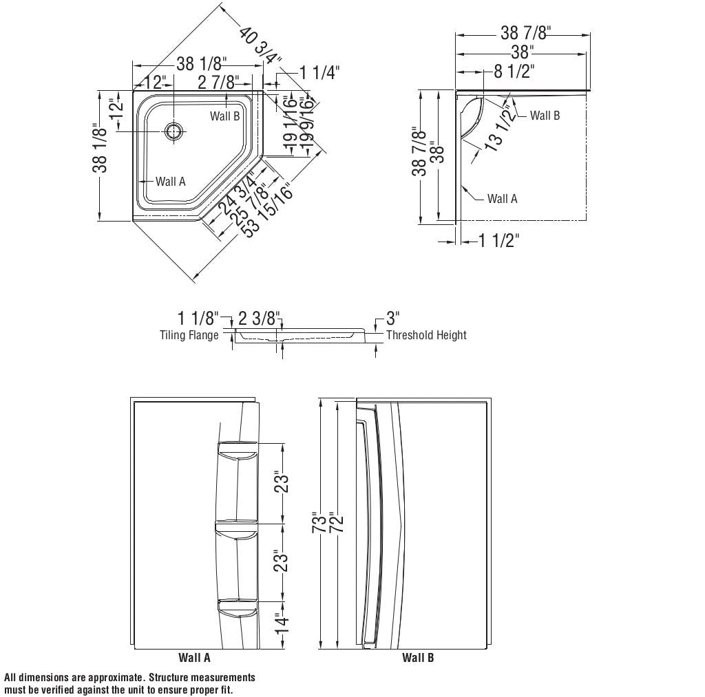 Neo-Angle Base 38 3 in. 38 x 38 Acrylic Corner Left or Right Shower Base with Corner Drain in White