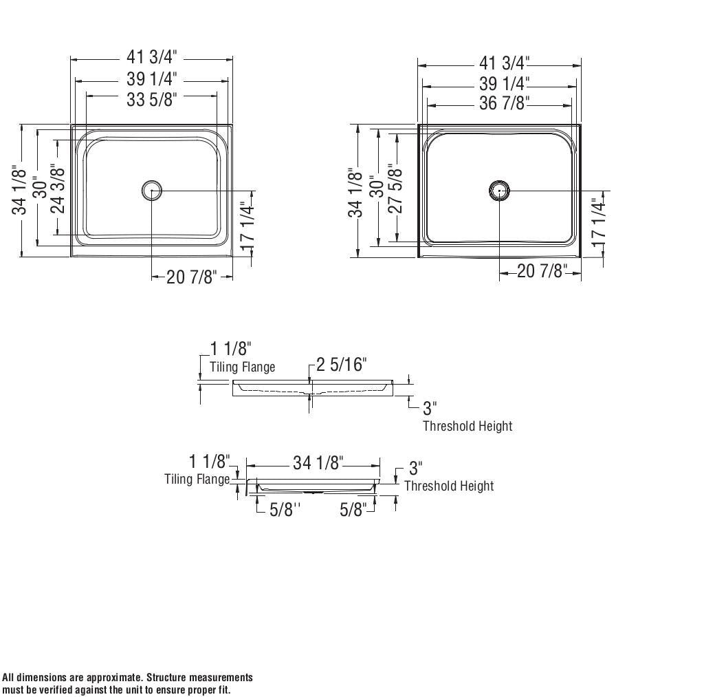 Rectangular Base 4234 3 in. Acrylic Alcove Shower Base with Center Drain in White