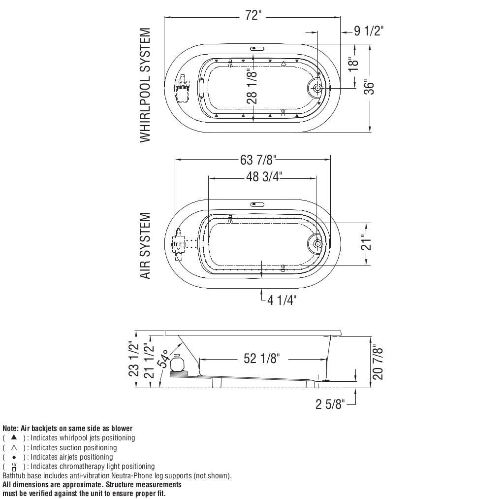 Aigo 72 x 36 Acrylic Undermount End Drain Bathtub in White