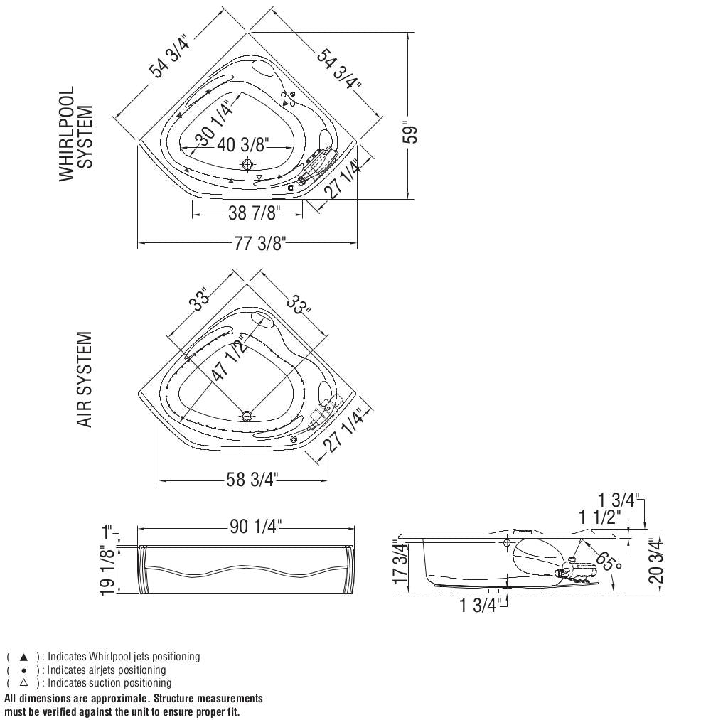 Vichy 5555 Acrylic Corner Center Drain Bathtub in White