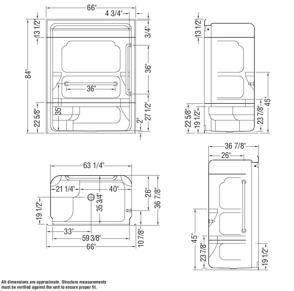 60NHS 84 x 37 Acrylic Alcove Center Drain One-Piece Shower in White