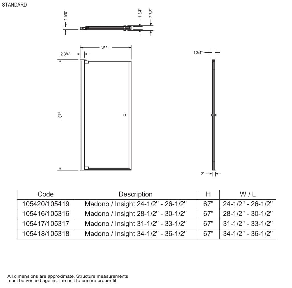 Madono 24 ½-26 ½ x 67 in. 6 mm Pivot Shower Door for Alcove Installation with Clear glass in Chrome