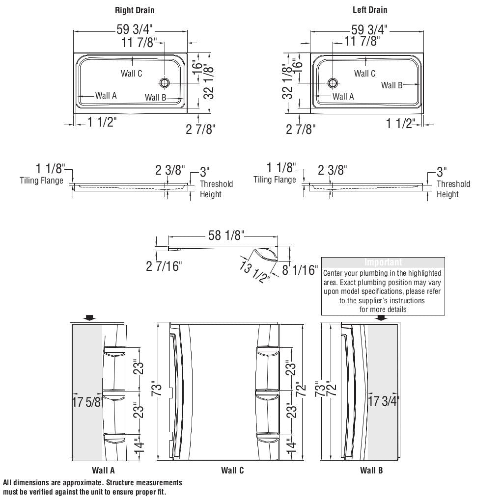 Rectangular Base 6032 3 in. Acrylic Alcove Shower Base with Left-Hand Drain in White