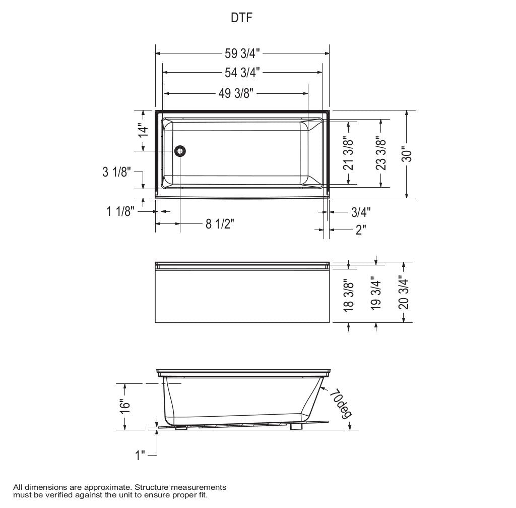 Rubix 6030 DTF Acrylic Alcove Left-Hand Drain Bathtub in White