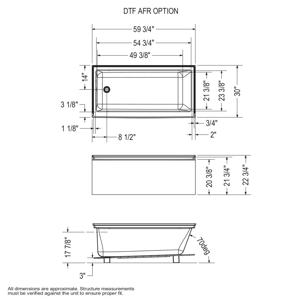 Rubix 6030 AFR DTF Acrylic Alcove Left-Hand Drain Bathtub in White