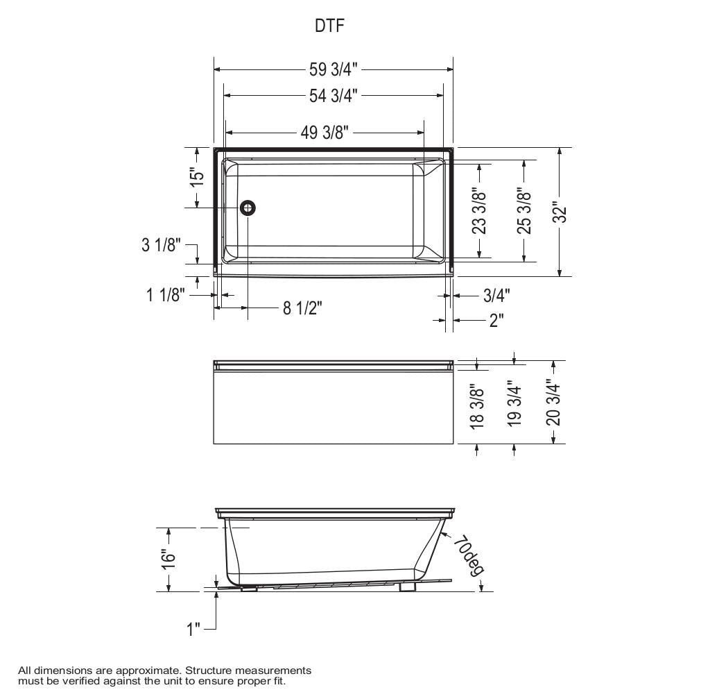 Rubix 6032 DTF Acrylic Alcove Left-Hand Drain Bathtub in White