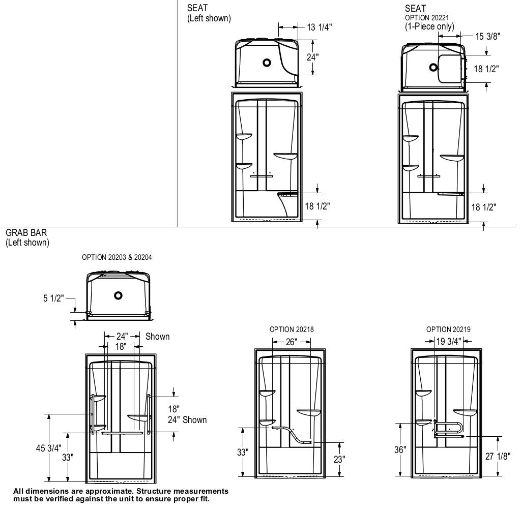 Camelia SHR-4834 Acrylic Alcove Center Drain One-Piece Shower in White