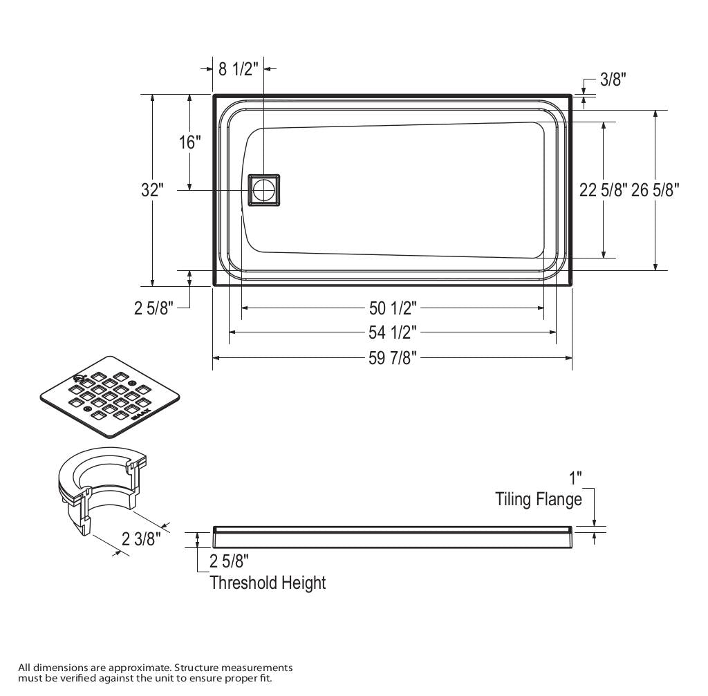 Olympia Square 6032 Acrylic Alcove or Corner Shower Base in White with Left-Hand Drain