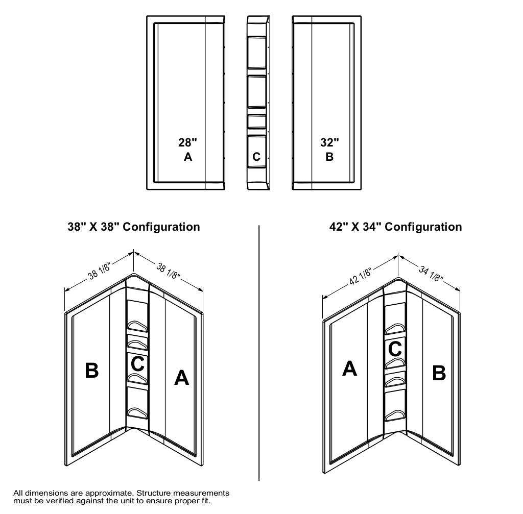 38 x 38 in. Acrylic Three-Piece Corner Shower Wall Kit in White