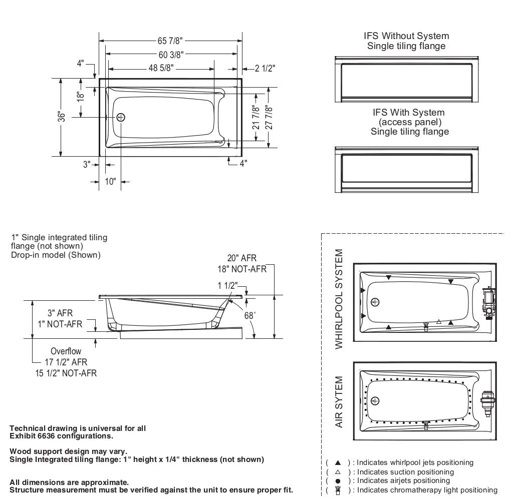Exhibit 6636 Acrylic Drop-in End Drain Bathtub in White