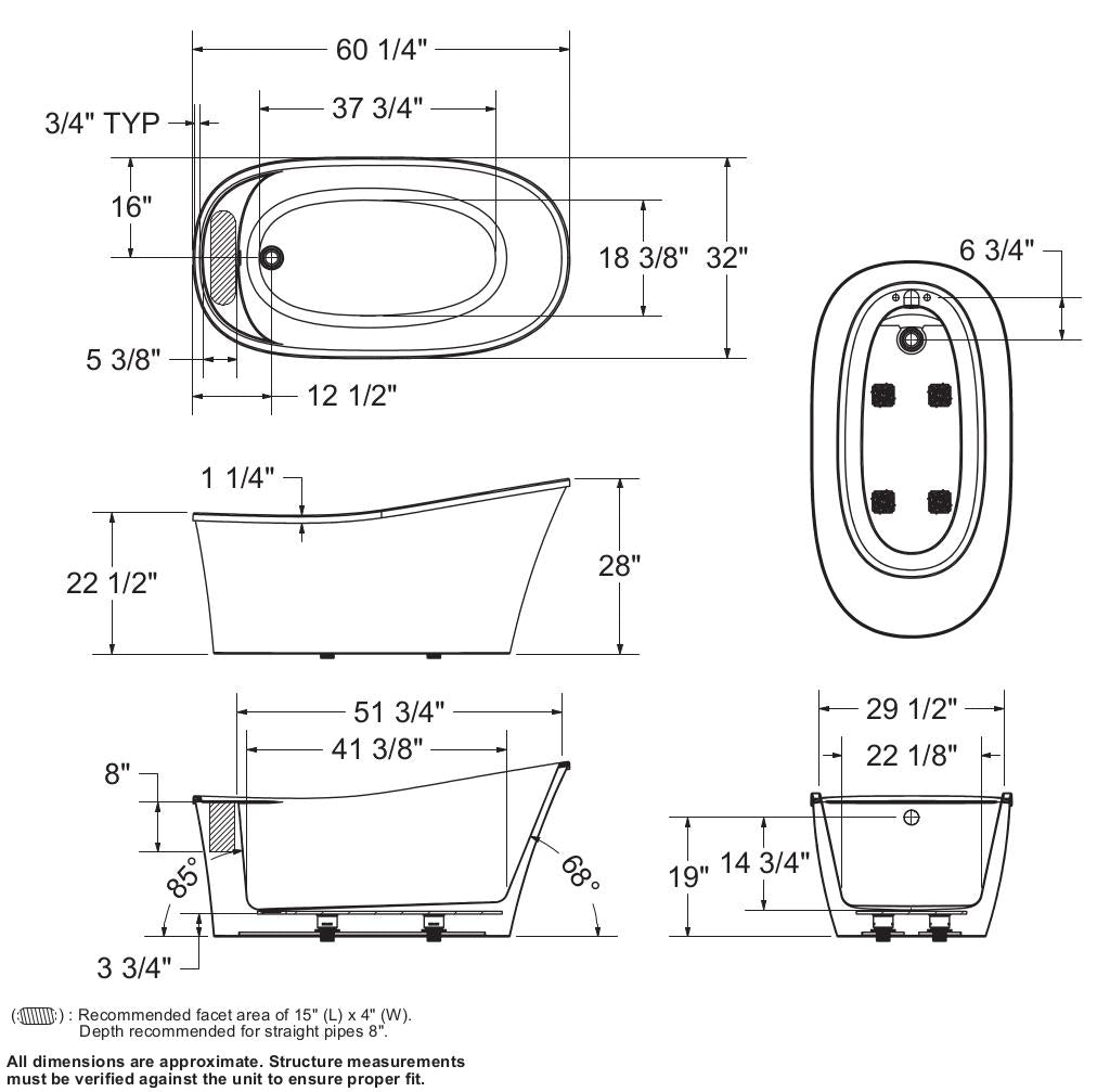 Ariosa 6032 Acrylic Freestanding End Drain Bathtub in White with White Skirt