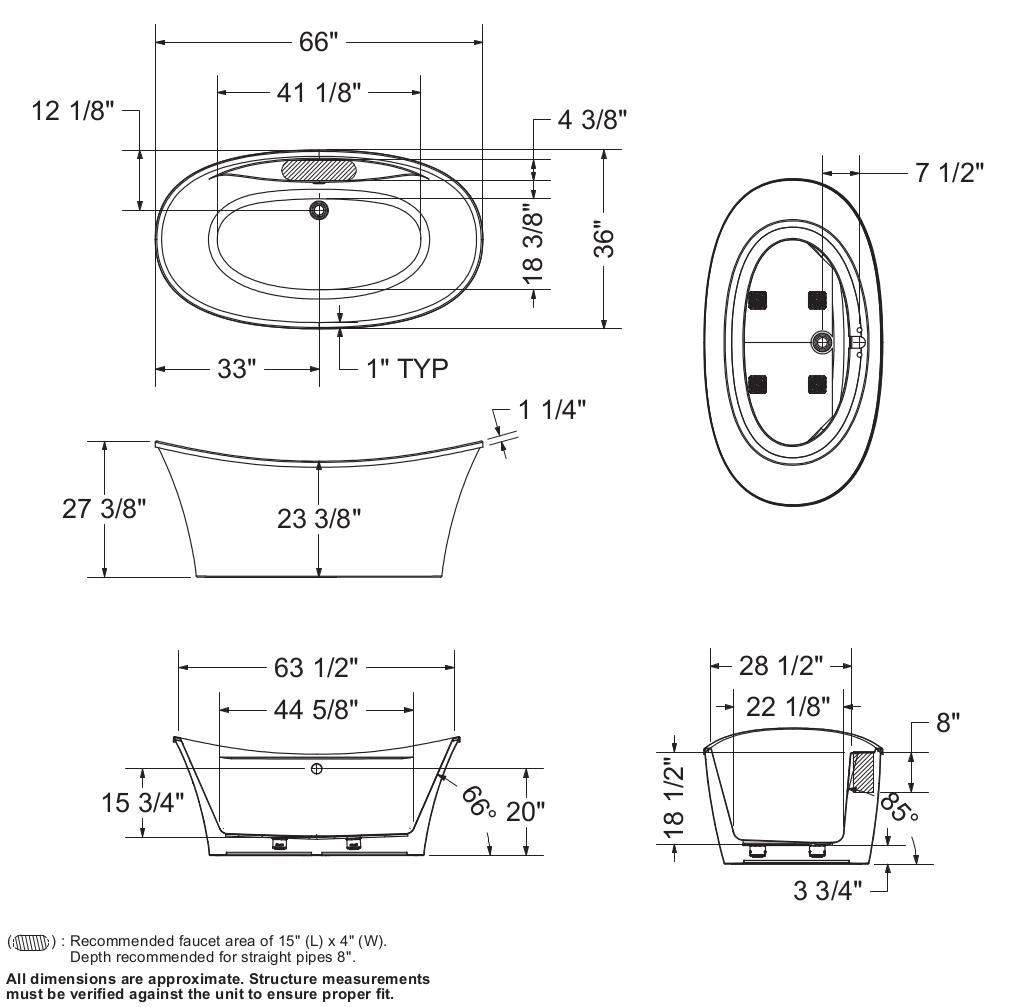 Ariosa 6636 Acrylic Freestanding Center Drain Bathtub in White with White Skirt