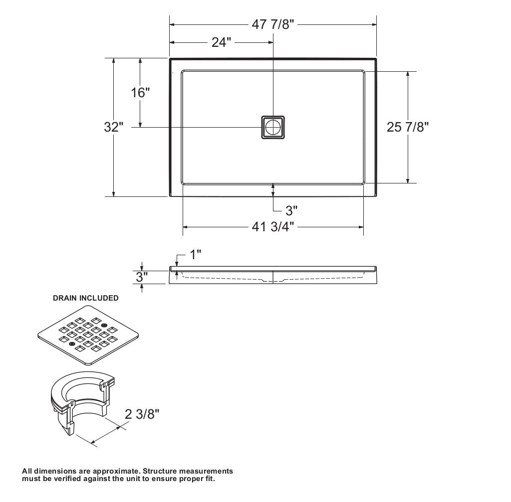 Zone Square Base 48 x 32 Acrylic Alcove or Corner Shower Base in White with Center Drain