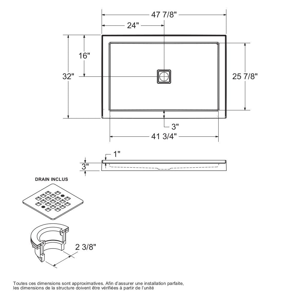Zone Square Base 48 x 32 Acrylic Alcove or Corner Shower Base in White with Center Drain