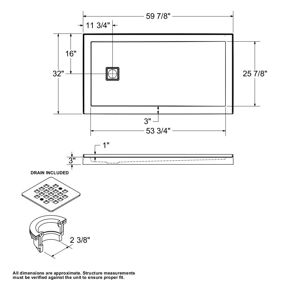 Zone Square 60 x 32 Acrylic Alcove or Corner Shower Base in White with Left-Hand Drain