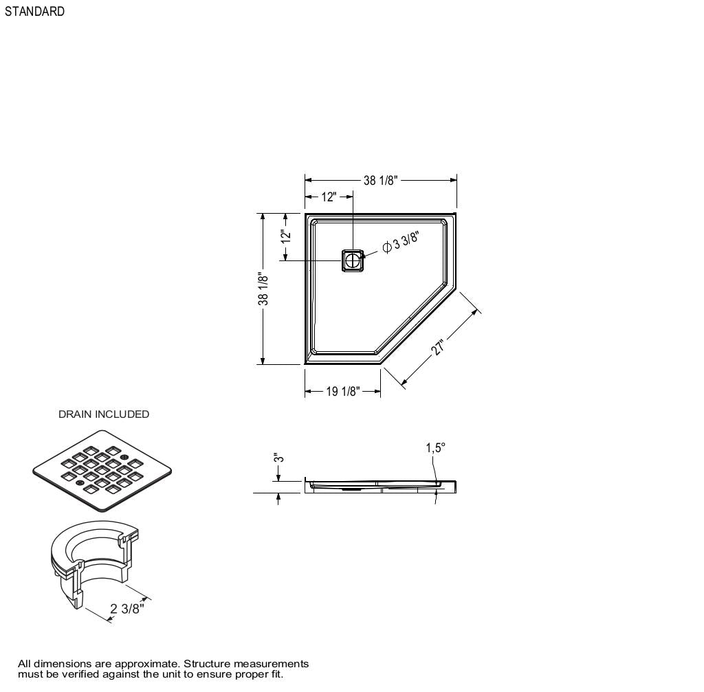 Neo-Angle Base 38 Acrylic Corner Left or Right Shower Base with Corner Drain in White