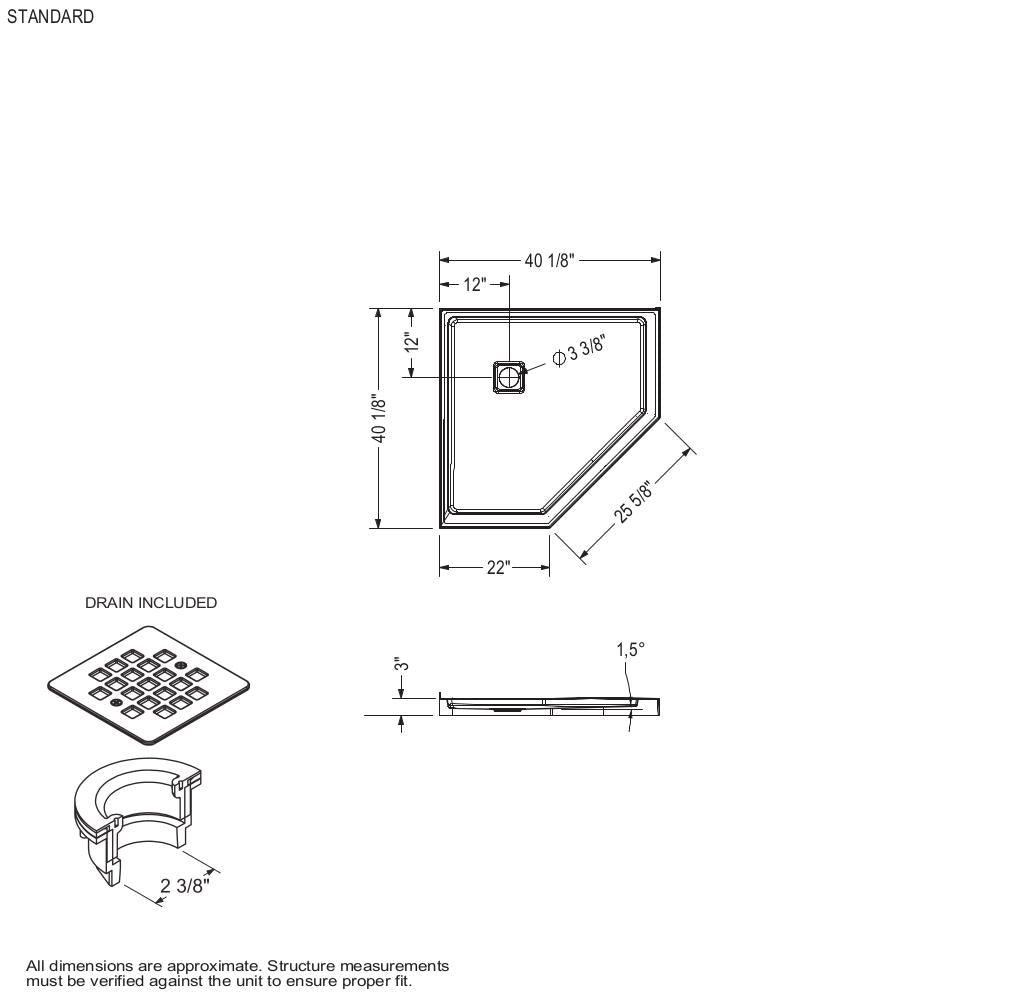 Neo-Angle Base 40 Acrylic Corner Left or Right Shower Base with Corner Drain in White
