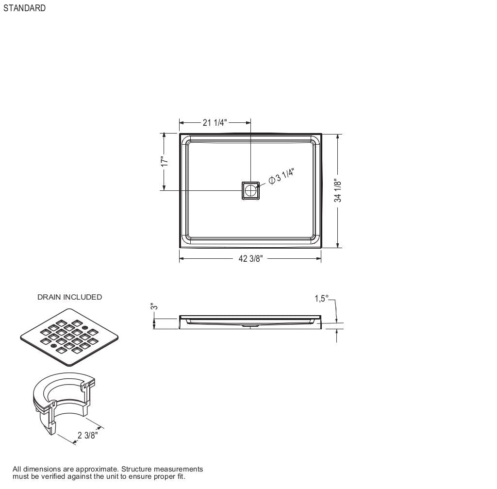 Rectangular Base 4234 Acrylic Alcove or Corner Shower Base with Center Drain in White