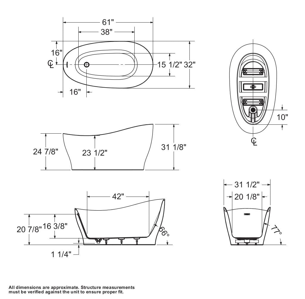 Joan 61 x 32 Acrylic Freestanding End Drain Bathtub in White with White Skirt