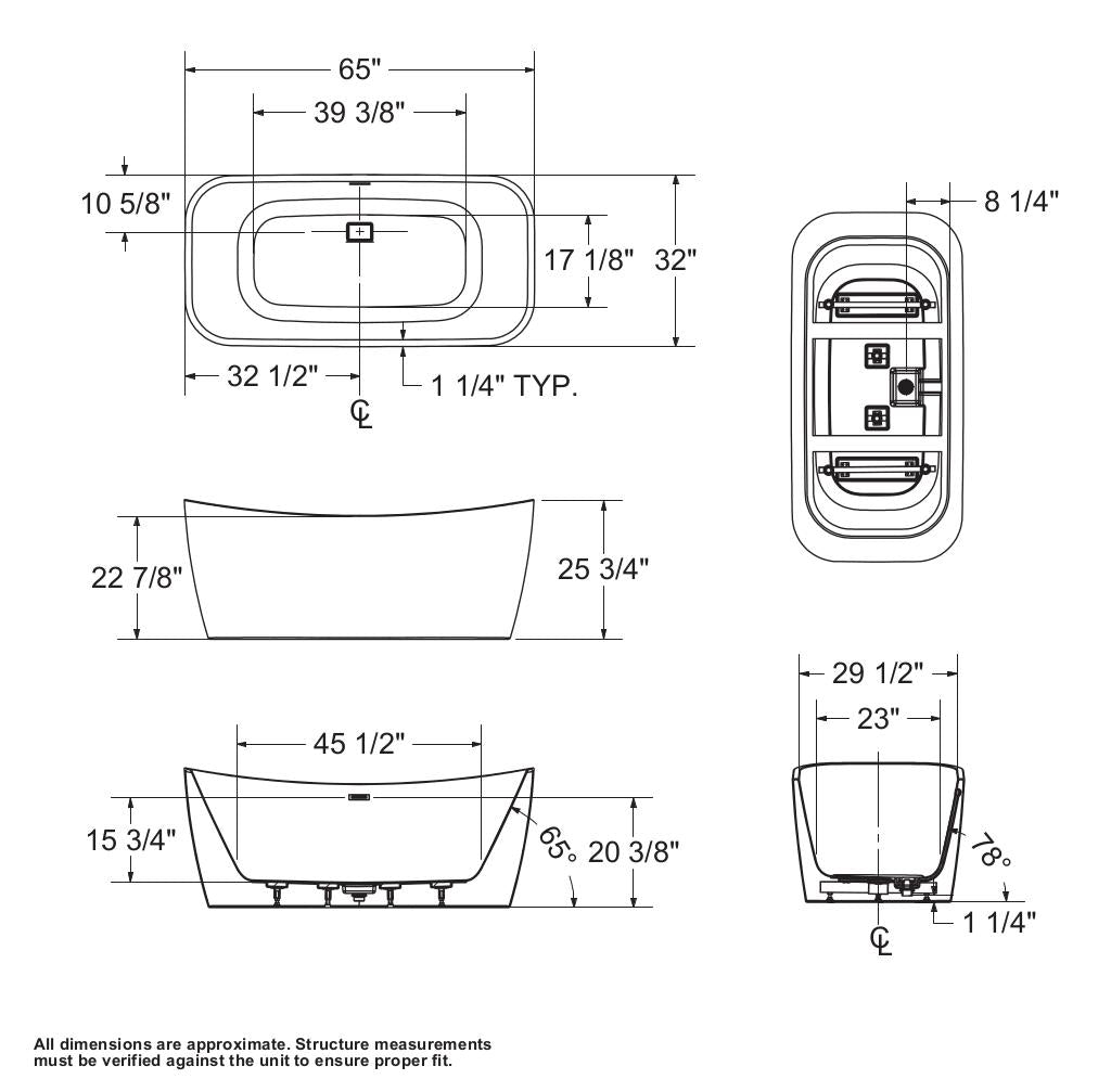 Villi 65 x 32 Acrylic Freestanding Center Drain Bathtub in White with White Skirt