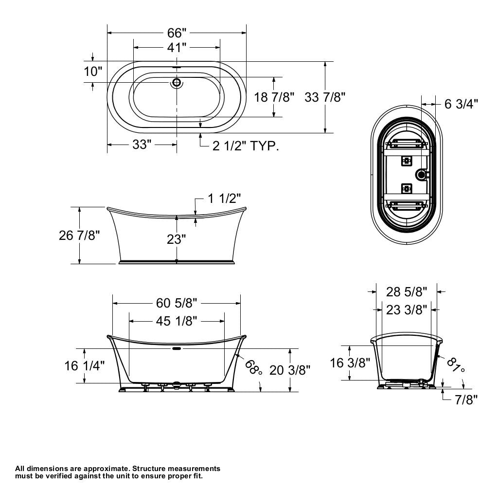 Elina 66 x 34 Acrylic Freestanding Center Drain Bathtub in White with White Skirt