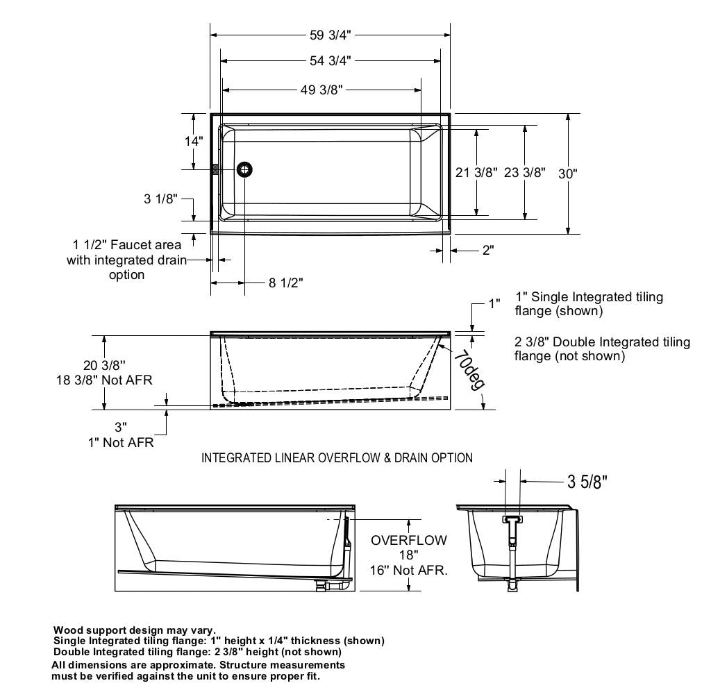 Bosca 6030 IFS AFR Acrylic Alcove Left-Hand Drain Bathtub in White