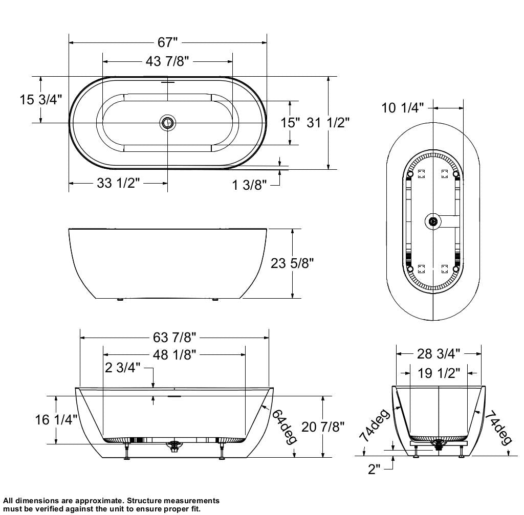 Tosca 6732 Acrylic Freestanding Center Drain Bathtub in White with White Skirt