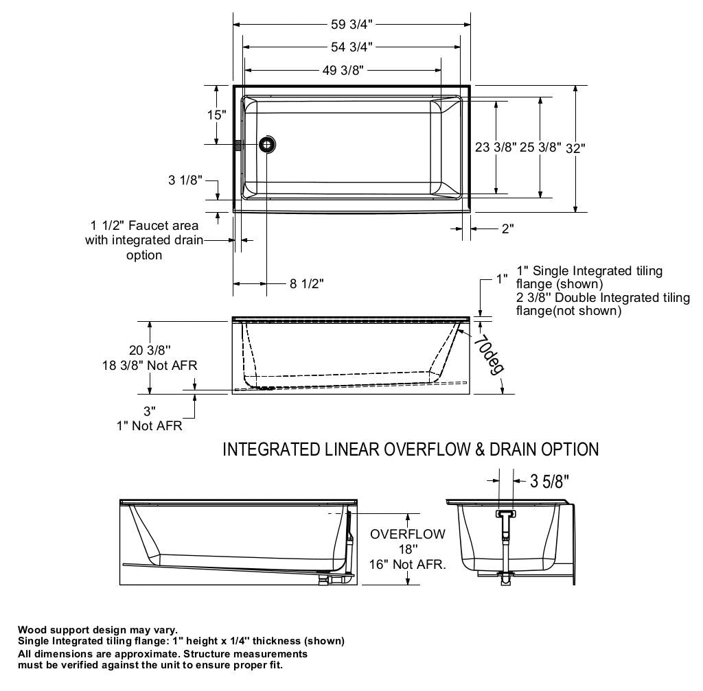 Bosca 6032 AFR Acrylic Alcove Left-Hand Drain Bathtub in White
