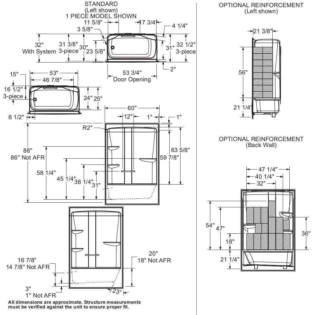 ALLIA TSR-6032 Acrylic Alcove Left-Hand Drain Three-Piece Tub Shower in White