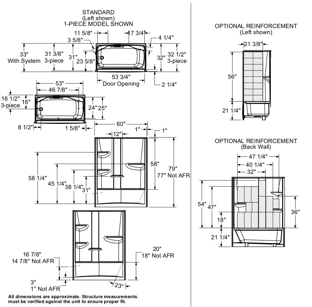 Allia TS-6032 Acrylic Alcove Left-Hand Drain One-Piece Tub Shower in White