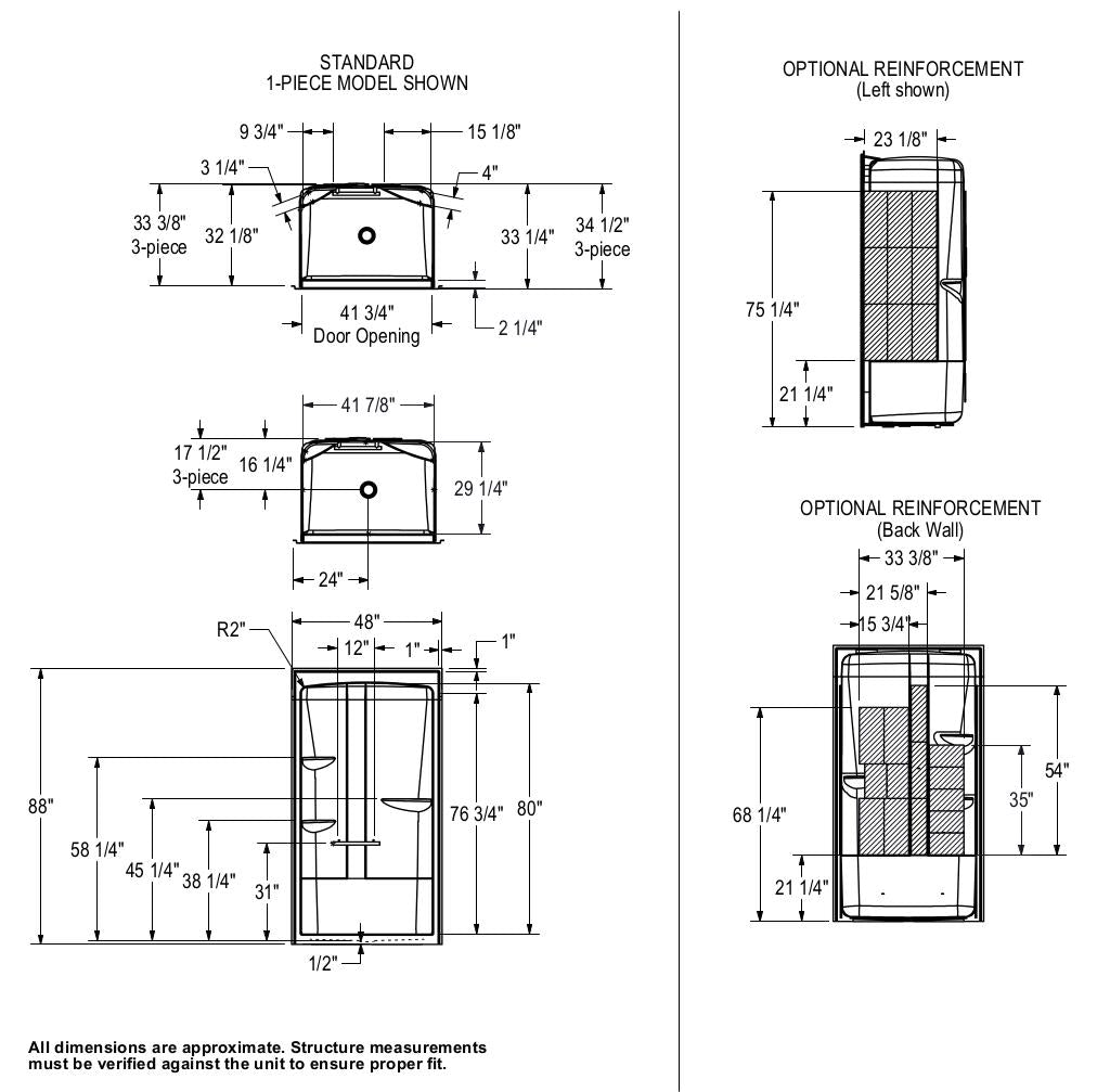 ALLIA SHR-4834 Acrylic Alcove Center Drain Three-Piece Shower in White