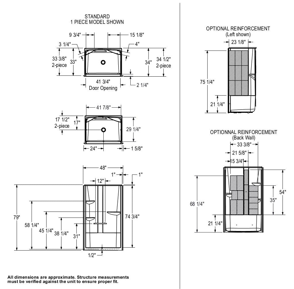 ALLIA SH-4834 Acrylic Alcove Center Drain Two-Piece Shower in White