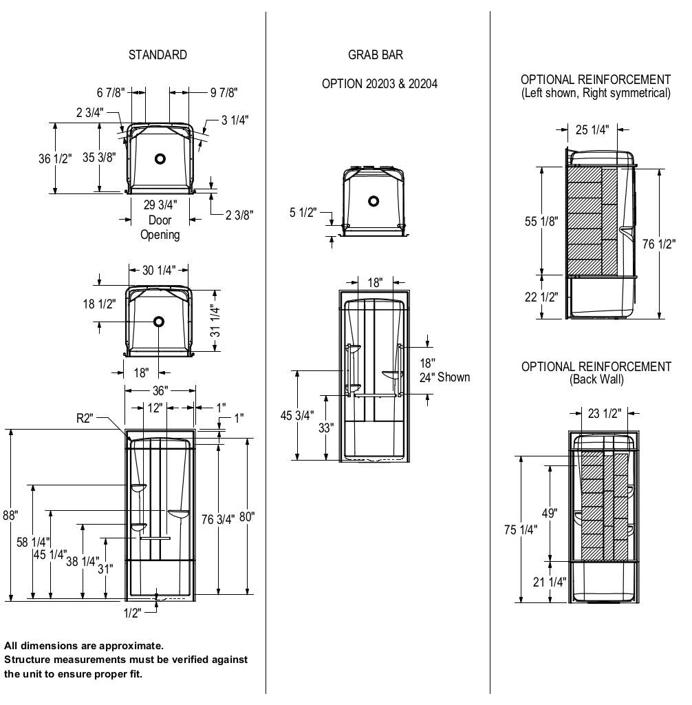 Allia SHR-3636 Acrylic Alcove Center Drain One-Piece Shower in White