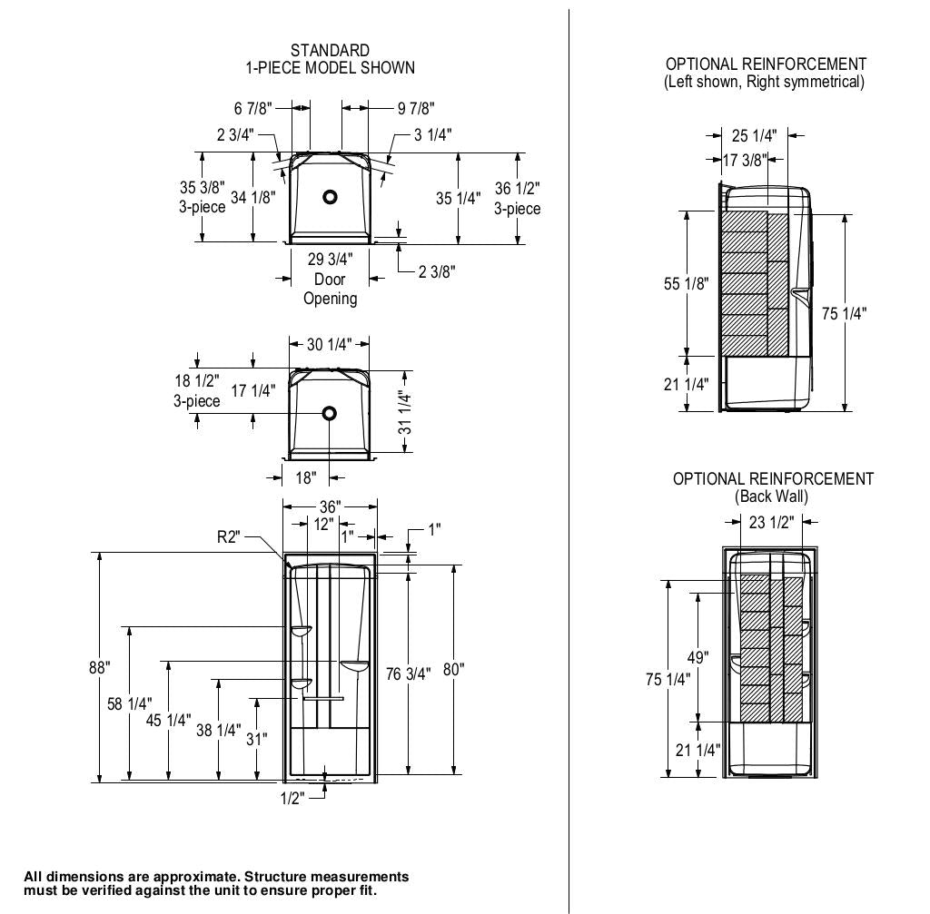 ALLIA SHR-3636 Acrylic Alcove Center Drain Three-Piece Shower in White
