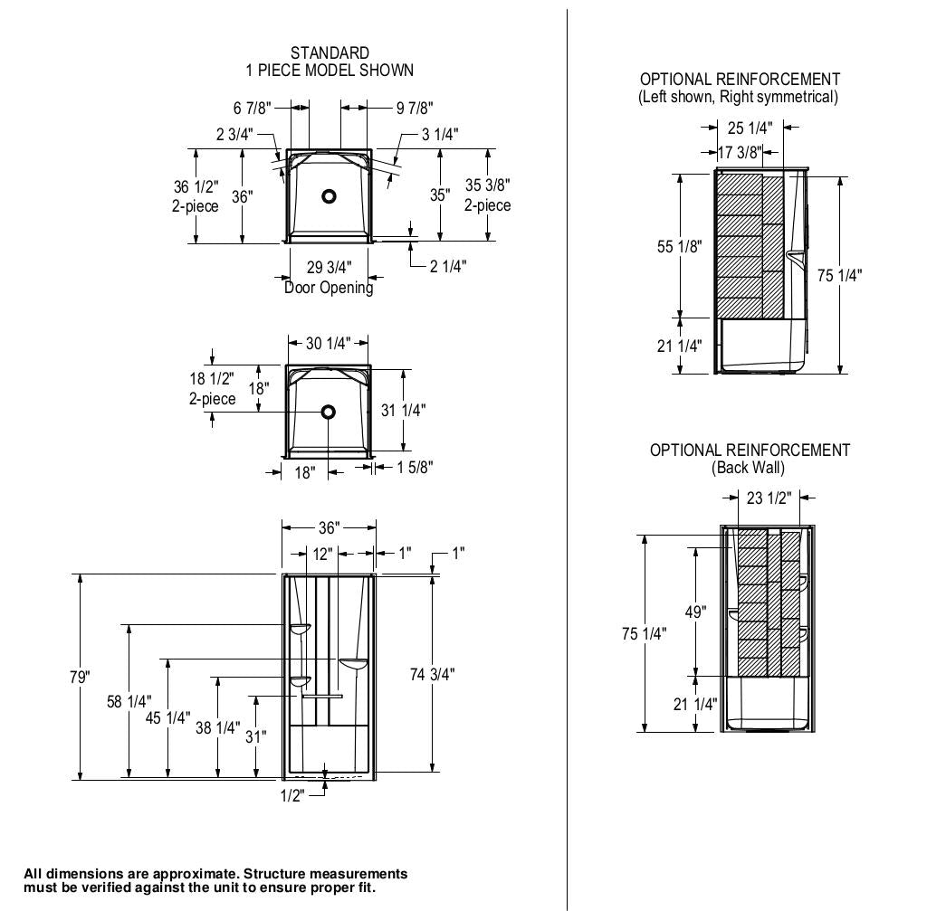 ALLIA SH-3636 Acrylic Alcove Center Drain One-Piece Shower in White