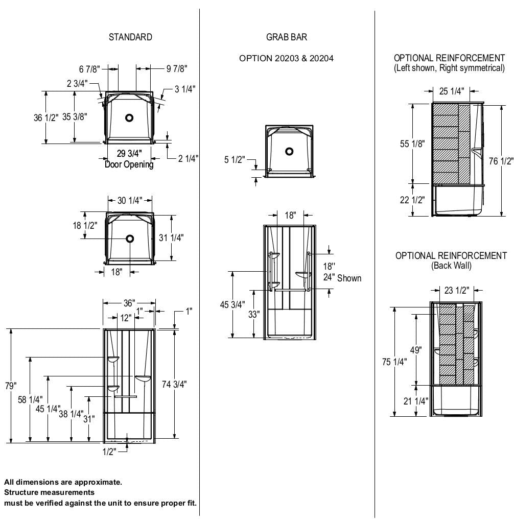 ALLIA SH-3636 Acrylic Alcove Center Drain Two-Piece Shower in White