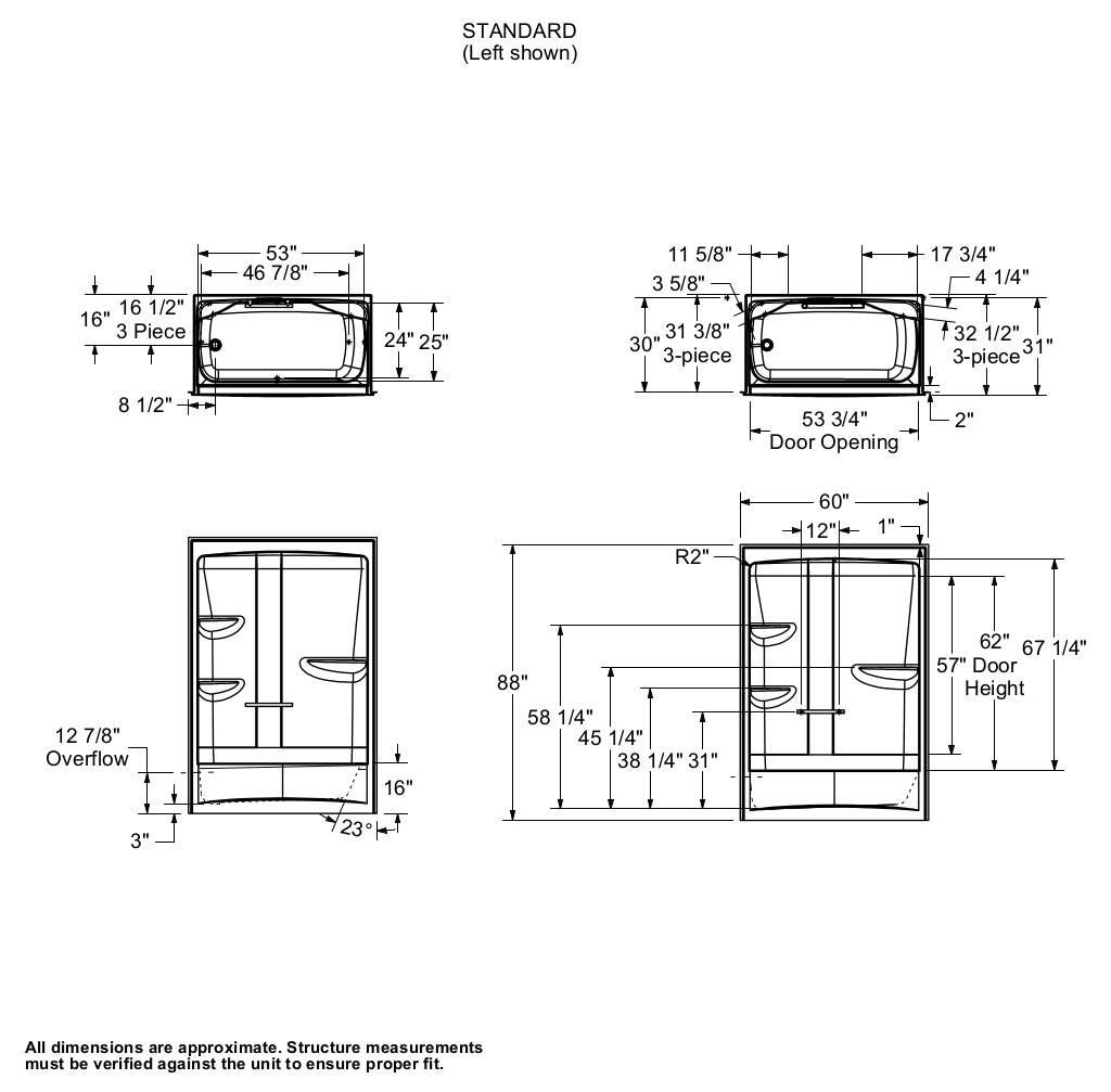 Allia Access TSR-6032 Acrylic Alcove Left-Hand Drain Three-Piece Tub Shower in White