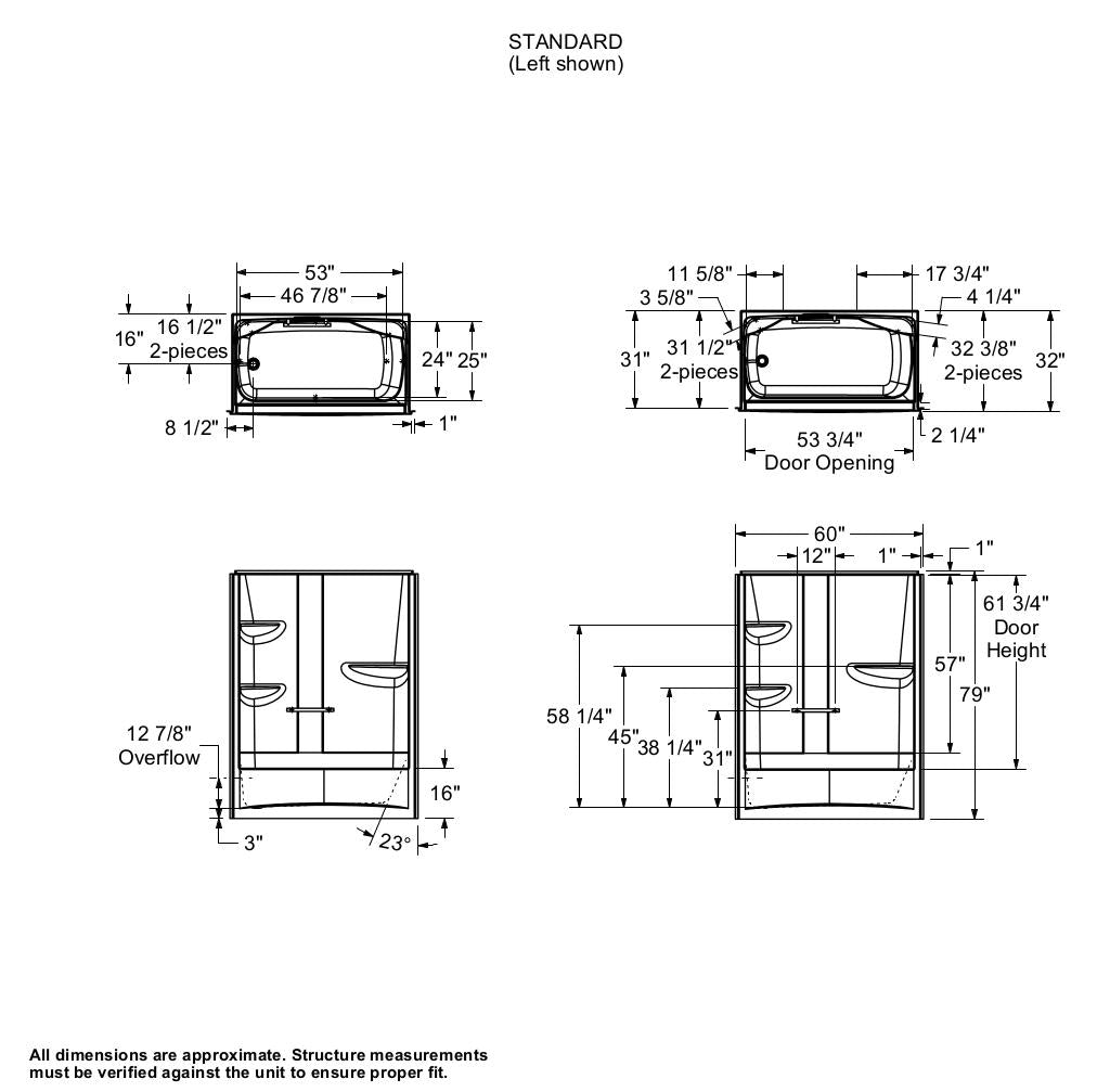 Allia Access TS-6032 Acrylic Alcove Left-Hand Drain One-Piece Tub Shower in White