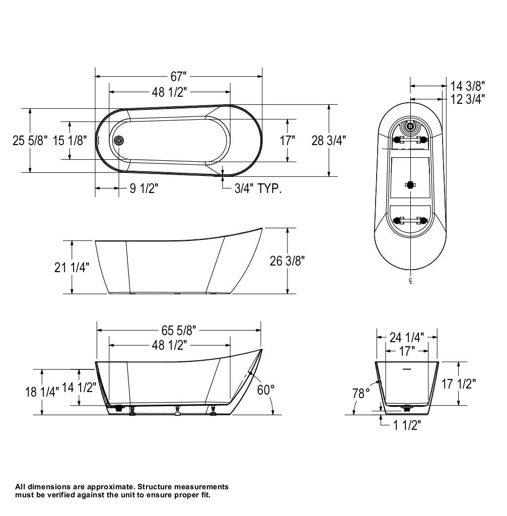 Soca 67 x 29 Acrylic Freestanding Oval End Drain Bathtub in White