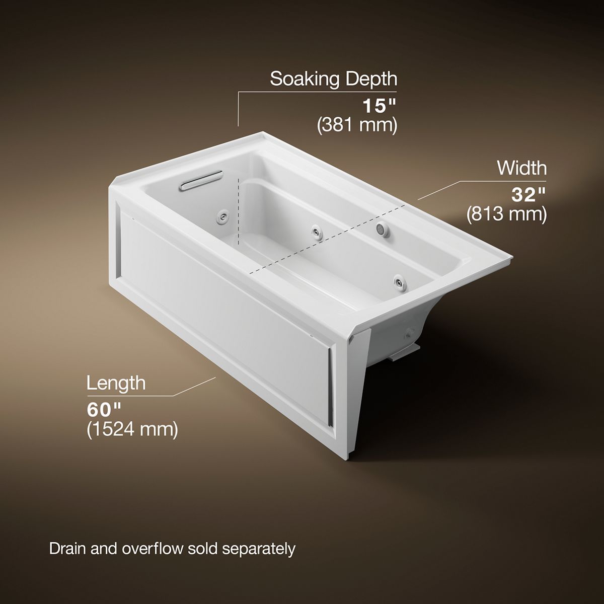Archer® 60" x 32" alcove whirlpool bath with Bask® heated surface, alcove left drain