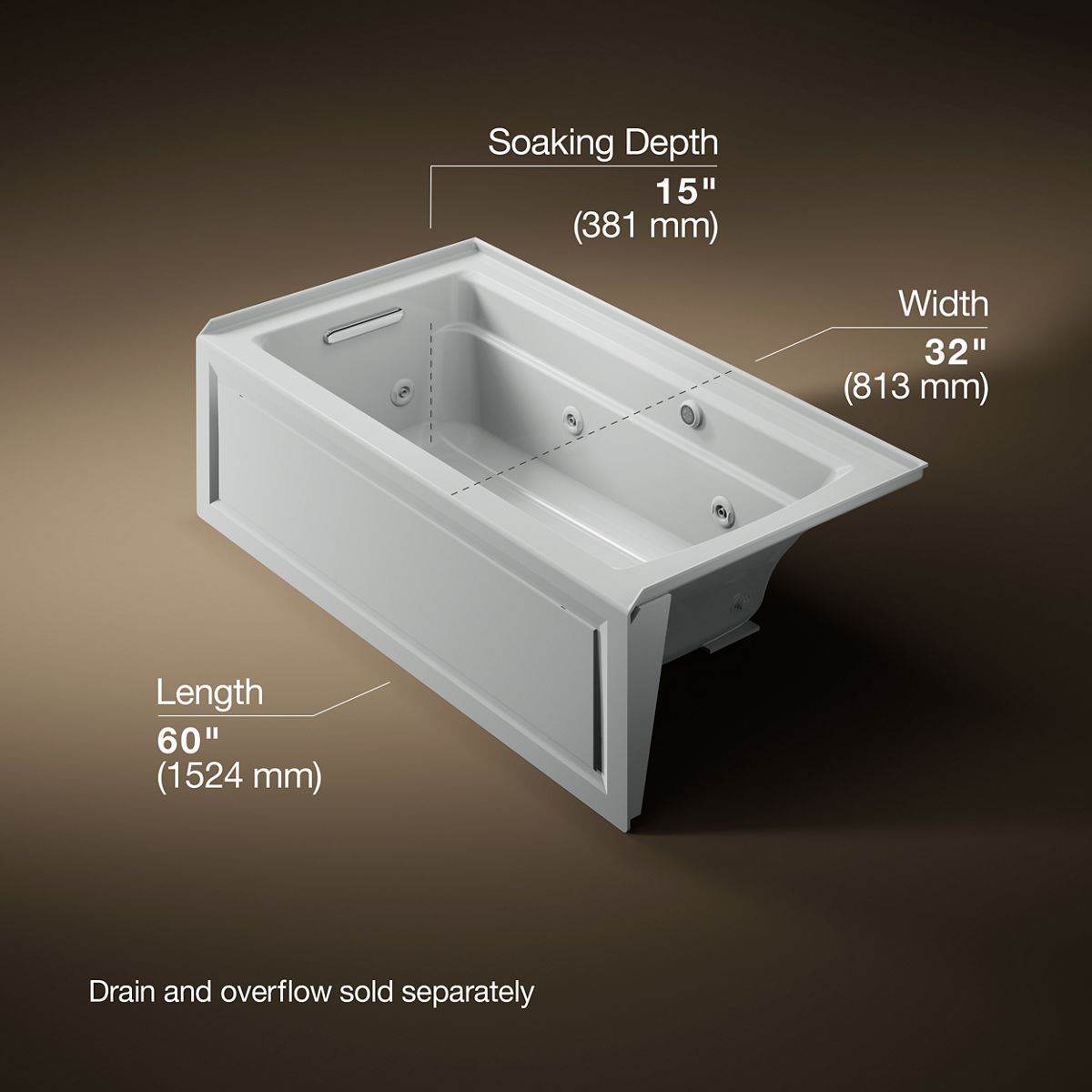 Archer® 60" x 32" alcove whirlpool bath with Bask® heated surface, alcove left drain