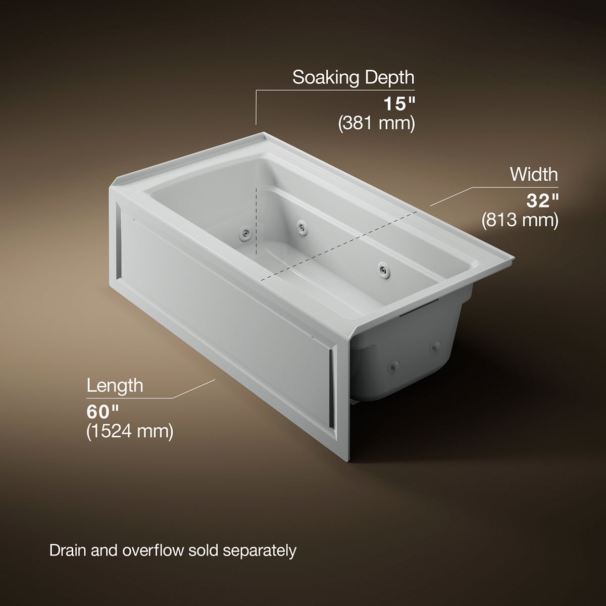 Archer® 60" x 32" alcove heated whirlpool bath, right drain