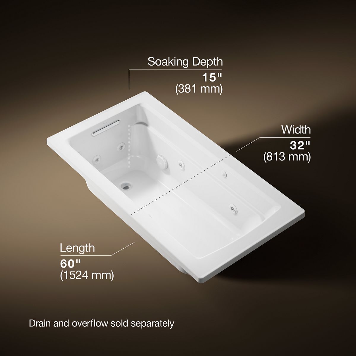 Archer® 60" x 32" drop-in whirlpool bath with and Bask® heated surface