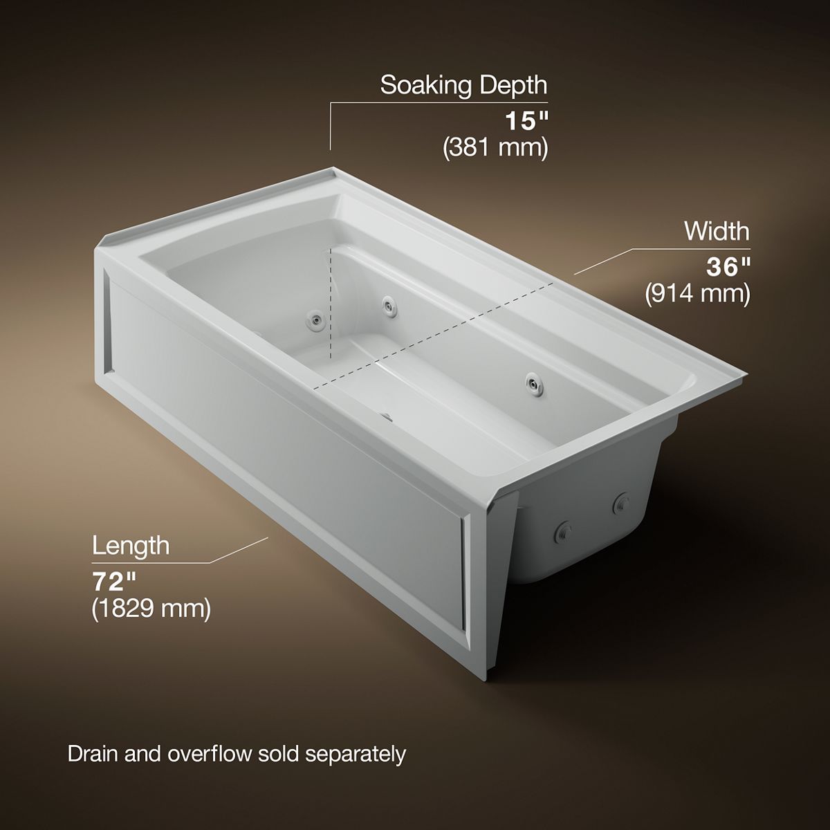 Archer® 72" x 36" alcove whirlpool bath, right drain