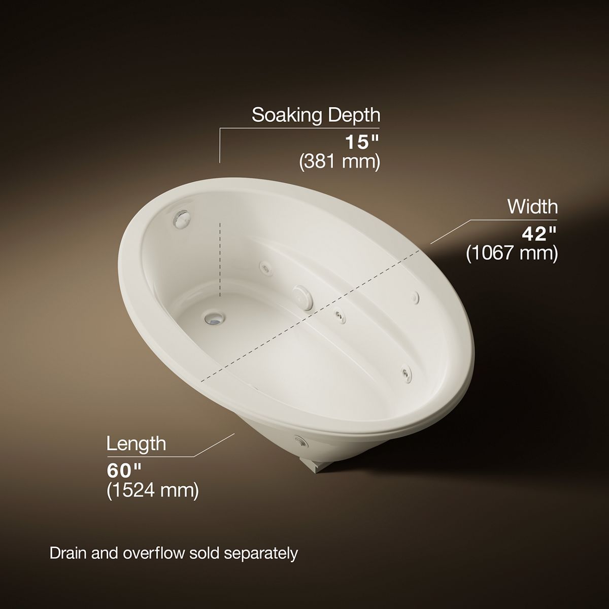 Sunward® 60" x 42" drop-in whirlpool bath with Bask® heated surface