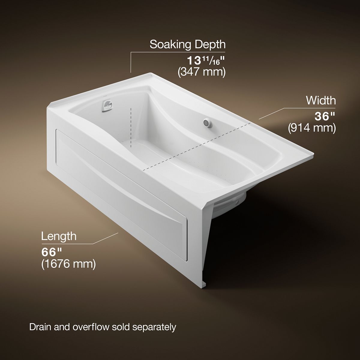 Mariposa® 66" x 36" alcove Heated BubbleMassage™ air bath with Bask® heated surface, left drain