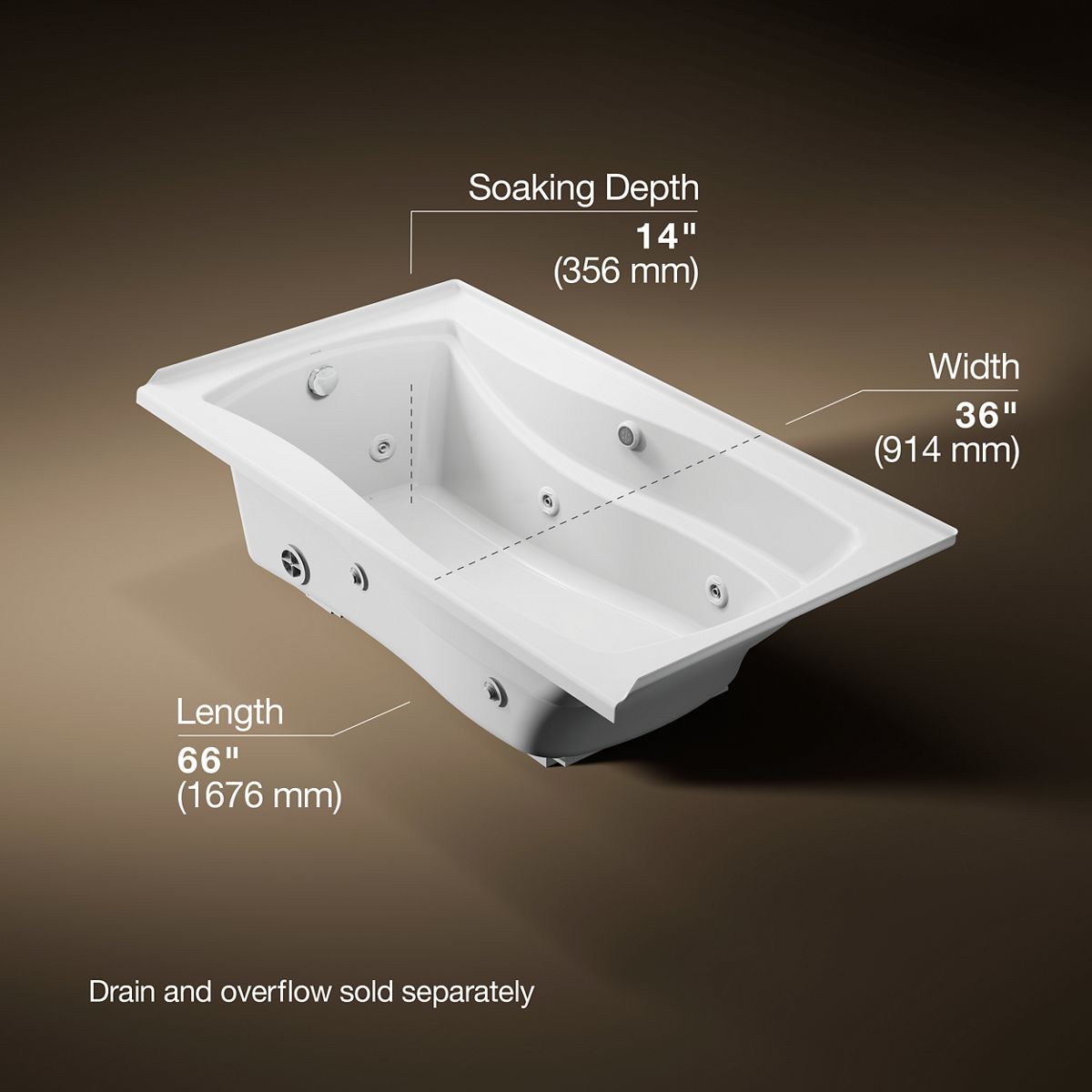Mariposa® 66" x 36" alcove whirlpool bath with Bask® heated surface, left drain