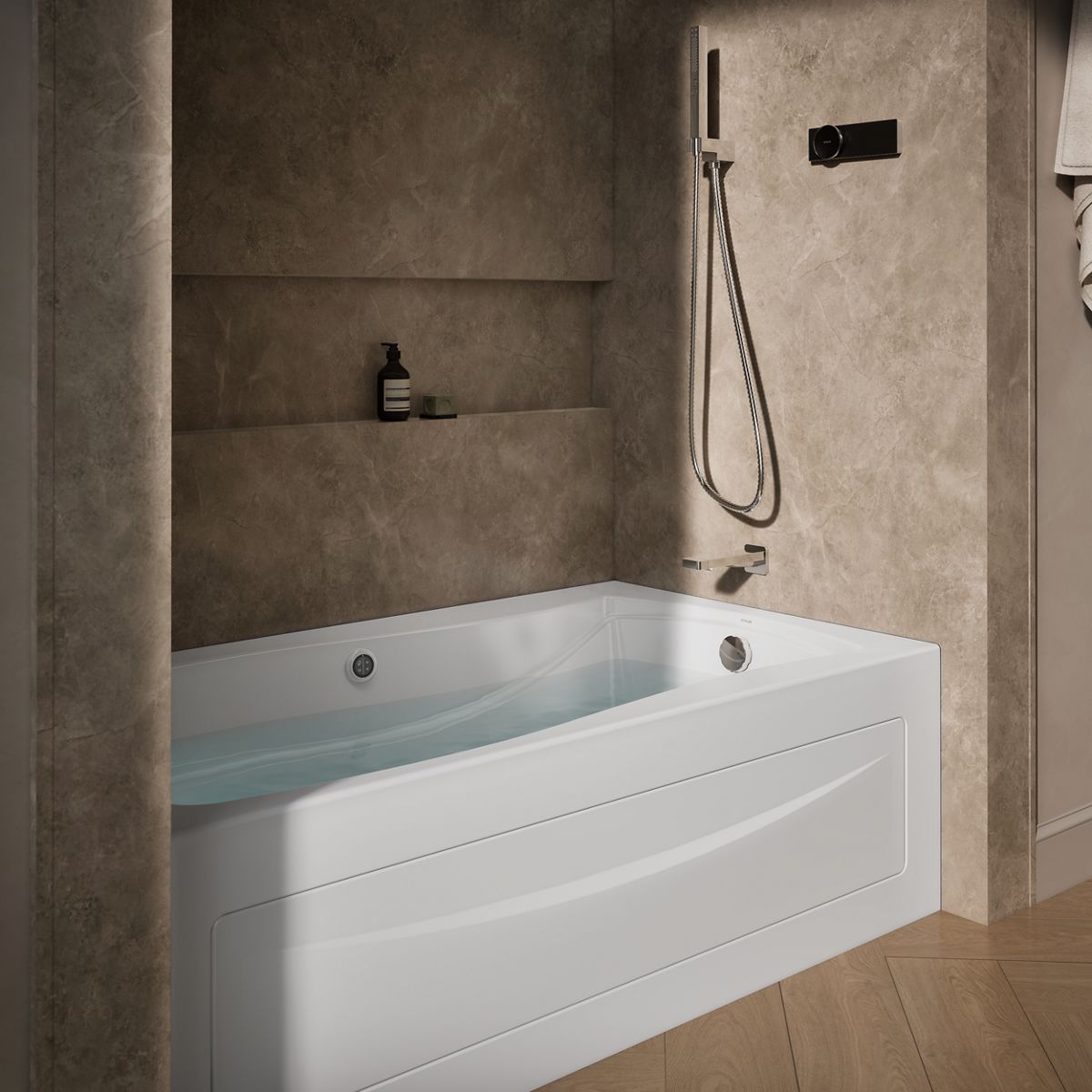 Mariposa® 66" x 36" alcove whirlpool bath with Bask® heated surface, right drain